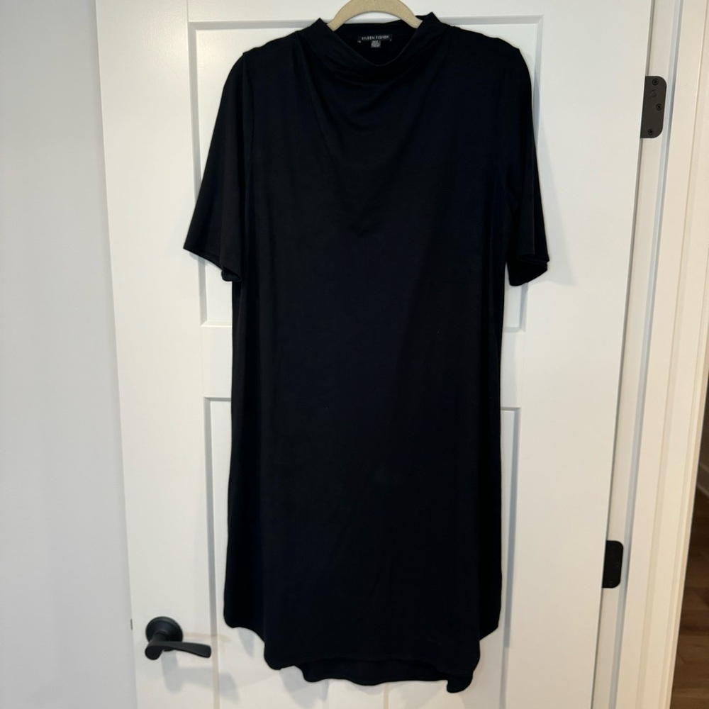 Eileen Fisher Large Stretchy Knit Mock Neck Tunic Dress Half Sleeve Black